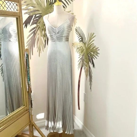 NWT Lucy Paris,Pleated Floor Length Dress In Silver Pewter Elegant Dress,Size M - Picture 3 of 8